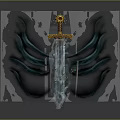 Crystal Sword With Golden Hilt Sunburst Decoration And Black Blue Ethereal Wings