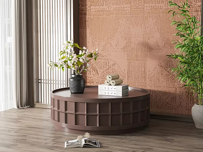 Round Brown Lattice Design Coffee Table With Vase Books And Green Plants On Wooden Floor 3d model