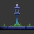 Blue Stone Lantern With Circular Stone Base And Green Grass Spiral Pattern Illuminating Blue Light