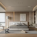Modern Bedroom Interior With Large Windows Blinds White Chair Floor Lamp And Wooden Walls