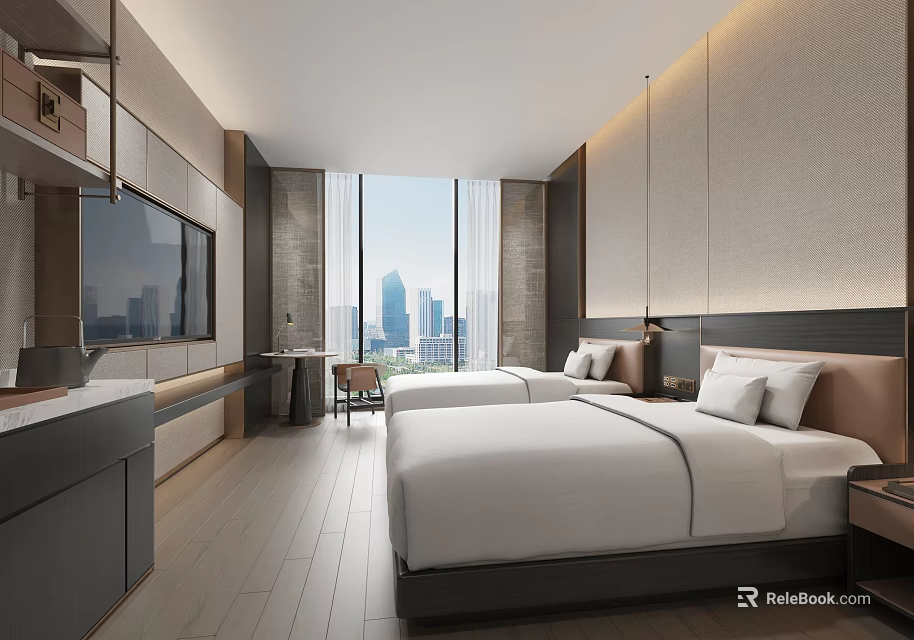 Modern Hotel Room Interior With Two Double Beds Large Windows City View And TV 3d model 