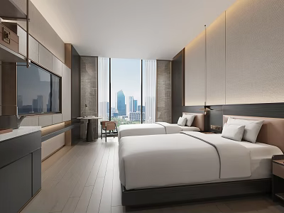 Modern Hotel Room Interior With Two Double Beds Large Windows City View And TV 3d model