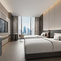 Modern Hotel Room Interior With Two Double Beds Large Windows City View And TV