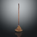 Traditional Broom With Wooden Handle And Natural Bristles Showing Reflection On Black Background