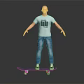A Man Standing On Skateboard Wearing White T-Shirt With THE MAN Print And Blue Jeans