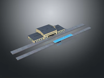 Transportation Station Building Featuring Yellow Main Structure Gray Roof And Blue Connecting Platform 3d model