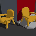 Two Yellow Leisure Chairs Against Blue And Red Walls On Black Floor With White Pedestal