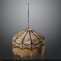 Vintage Octagonal Chandelier With Patterned Glass Shade And Fringed Artistic Design