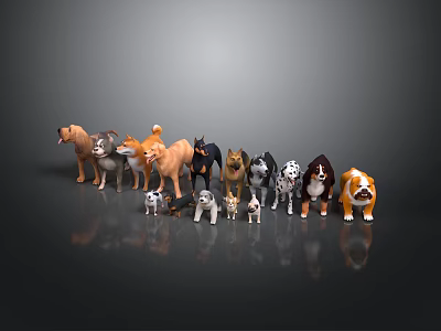 Various Dog Breeds of Different Sizes and Colors Standing on Gray Background with Reflections 3d model