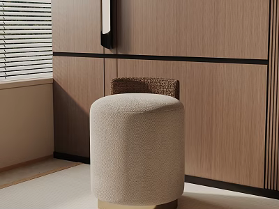 Round Beige Side Table with Metal Base near Wooden Cabinet and Window Blinds 3d model