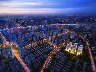 Urban Aerial Planning View With High Rise Buildings And Illuminated Road Networks 3d model
