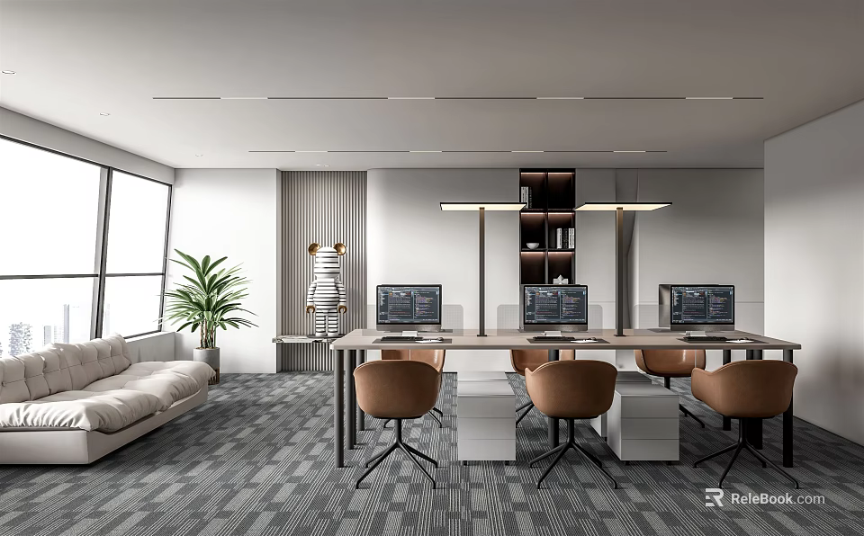 Modern Public Office Space with Spacious Layout Natural Light Sofa Green Plant Desks and Brown Chairs 3d model 