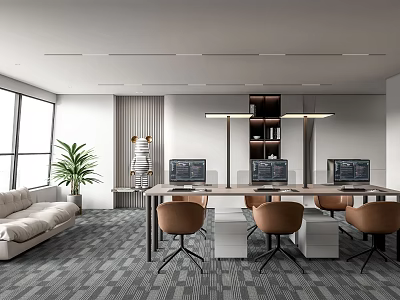 Modern Public Office Space with Spacious Layout Natural Light Sofa Green Plant Desks and Brown Chairs 3d model