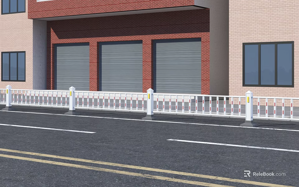 White Road Fence With Yellow Markers Along Red Brick Building And Roller Shutters 3d model 