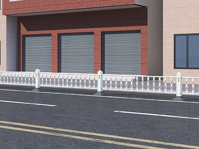 White Road Fence With Yellow Markers Along Red Brick Building And Roller Shutters 3d model