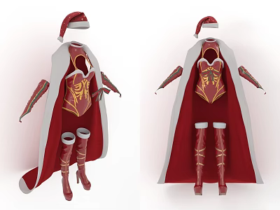 Christmas Themed Clothing Set With Santa Hat Red Cape Golden Decorations And Boots 3d model