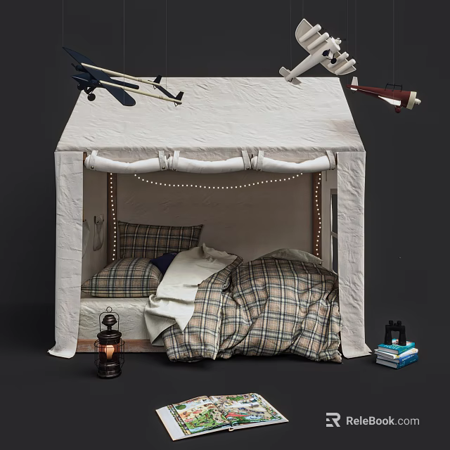 Tent Shaped Kids Bed With Plaid Bedding Small Lantern Books And Airplane Models 3d model 