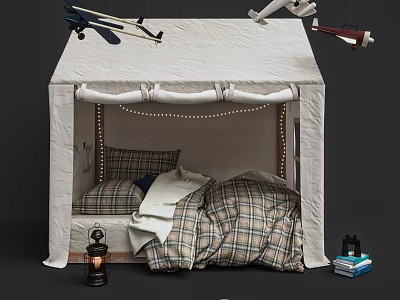 Tent Shaped Kids Bed With Plaid Bedding Small Lantern Books And Airplane Models 3d model