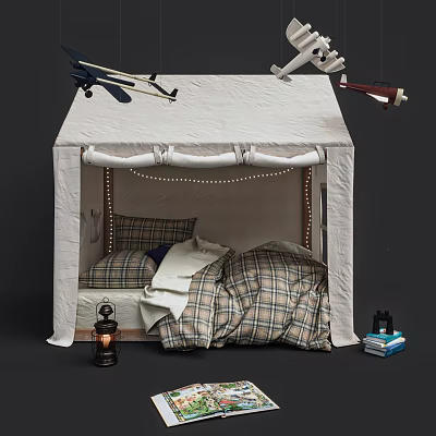 Tent Shaped Kids Bed With Plaid Bedding Small Lantern Books And Airplane Models 3d model
