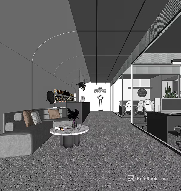 Modern Internet Café Interior With Comfortable Sofa Seating And Computer Workstations 3d model