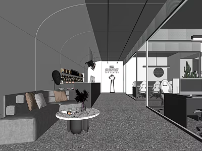 Modern Internet Café Interior With Comfortable Sofa Seating And Computer Workstations 3d model
