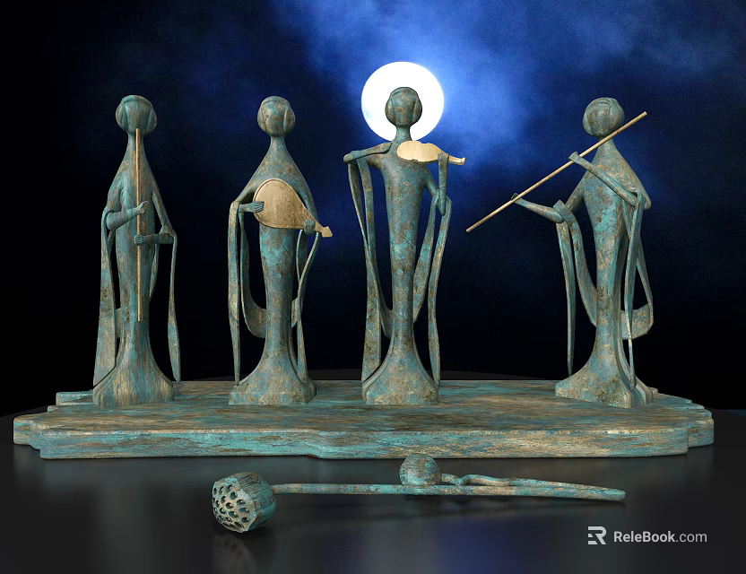 Ancient Bronze Sculptures Of Figures With Musical Instruments And Full Moon Background 3d model 