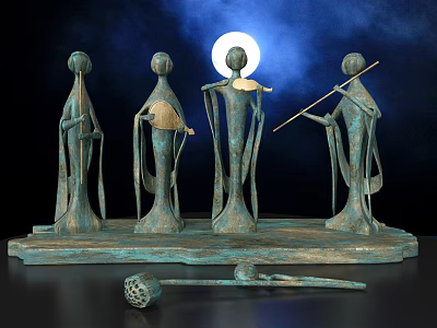 Ancient Bronze Sculptures Of Figures With Musical Instruments And Full Moon Background 3d model