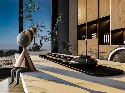 Modern Tea Set Display On Marble Countertop With Wooden Cabinets And Interior Design 3d model