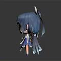 Cute Chibi Game Anime Character With Blue Hair Green Eyes And Blue Leaf Branch