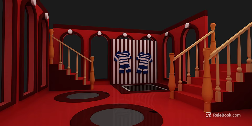 Indoor Playground Equipment in Red Area with Staircases Circular Platforms and Wooden Handrails 3d model 