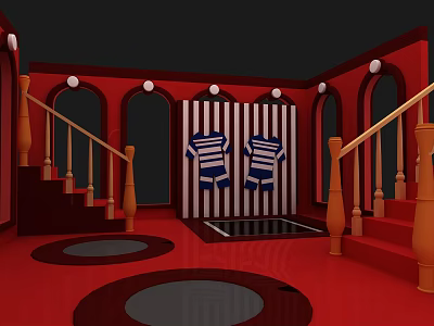 Indoor Playground Equipment in Red Area with Staircases Circular Platforms and Wooden Handrails 3d model