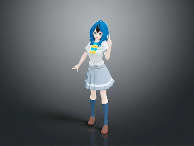 3D Character With Blue Hair In School Uniform Standing On Gray Background 3d model
