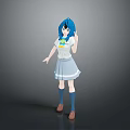 3D Character With Blue Hair In School Uniform Standing On Gray Background