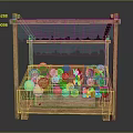 Cartoon Fruit Stand Scene With Wooden Structure Green Canopy And Fresh Lemons Apples Carrots