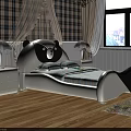 Children's Panda Shaped Bed White Black With Blue White Striped Bedding And Side Tables Lamps