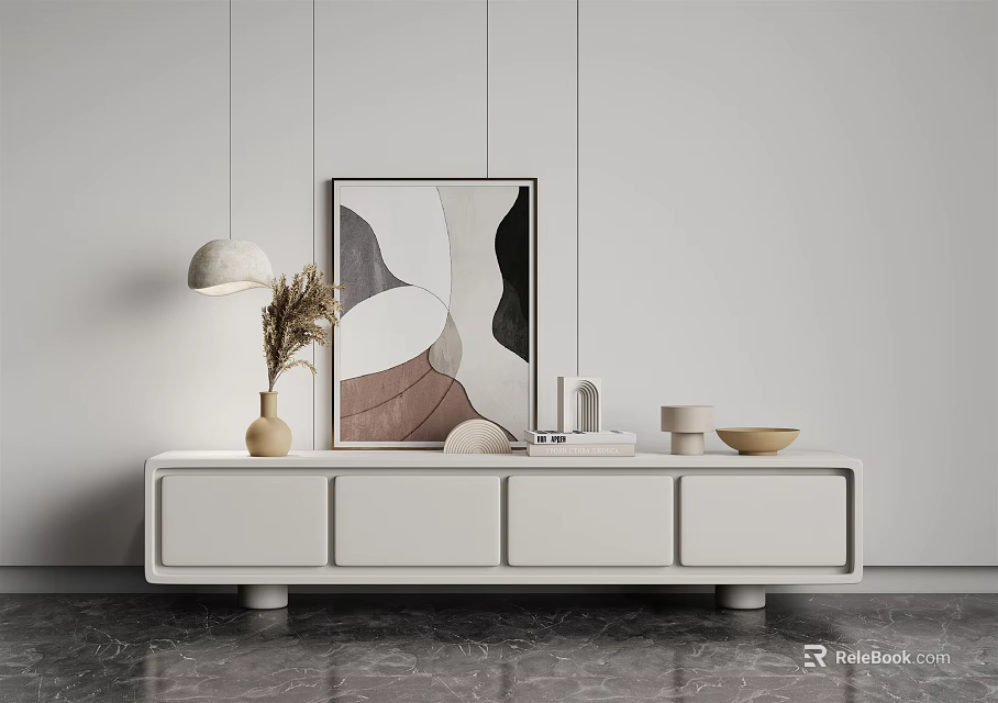 Modern Minimalist White TV Stand with Abstract Painting Vase and Decorative Items 3d model 