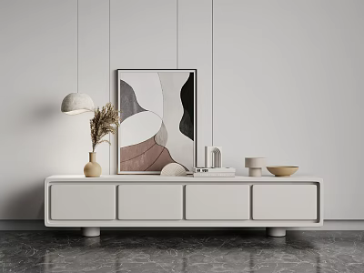 Modern Minimalist White TV Stand with Abstract Painting Vase and Decorative Items 3d model
