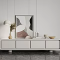 Modern Minimalist White TV Stand with Abstract Painting Vase and Decorative Items