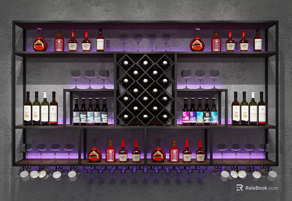 Modern Wine Cabinet Design With Multi Tiered Shelves Wine Bottles And LED Lighting 3d model 
