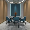 Modern Elegant Restaurant Interior With Blue Booths Gold Accents Large Windows City Views Terrazzo Flooring