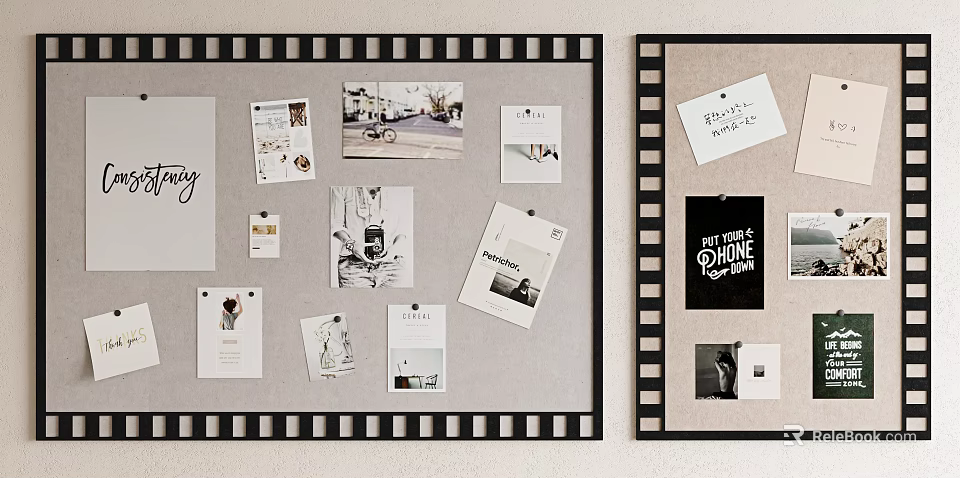 Wall Decorated With Corkboard Displays Of Photos Notes And Trim 3d model 