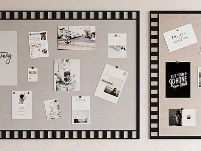 Wall Decorated With Corkboard Displays Of Photos Notes And Trim 3d model