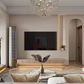 Modern Dining and Living Room Interior With Wooden Ceiling Gray Cabinets And Large Windows