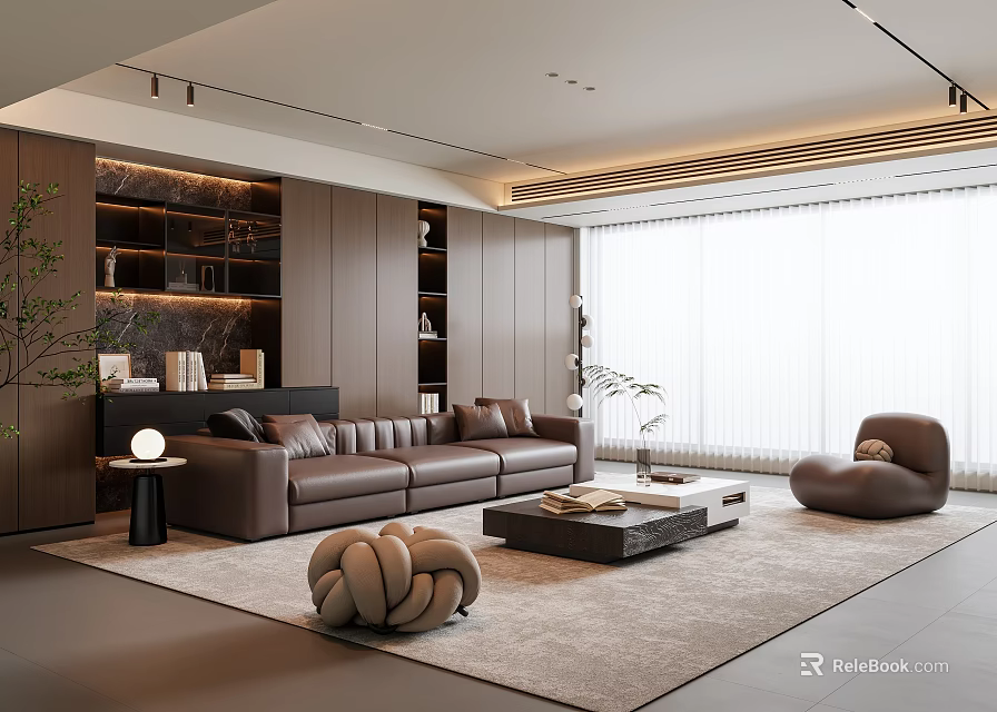 Modern Living Room Interior Design With Brown Sofa Coffee Table Area Rug And Green Plant 3d model 