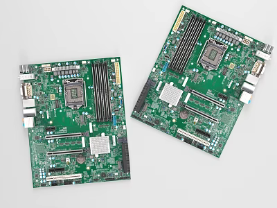 Desktop Computer Motherboards Featuring Green Circuitry Multiple Ports Slots And Chips 3d model