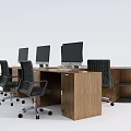 Modern Office Desks with Circular Design Wooden Finish Office Chairs and Computers