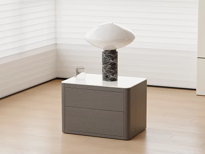 Gray Bedside Table With White Top Drawers And Black Textured Base Mushroom Lampshade Table Lamp 3d model