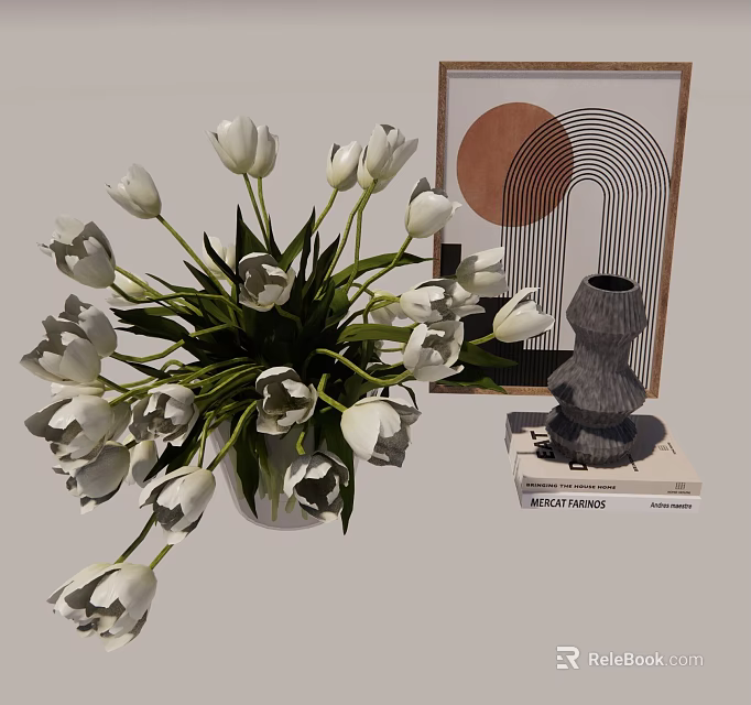 Decorative Ornament Set With White Tulip Bouquet White Vase Geometric Wall Art Gray Sculpture And Books 3d model 