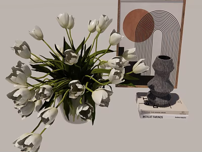 Decorative Ornament Set With White Tulip Bouquet White Vase Geometric Wall Art Gray Sculpture And Books 3d model