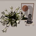 Decorative Ornament Set With White Tulip Bouquet White Vase Geometric Wall Art Gray Sculpture And Books